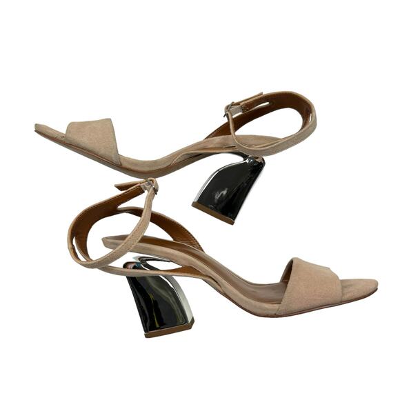 Halston Simi Blush Pink Kid Suede Leather Silver Metallic Block Heel Sandals - Picture 10 of 12